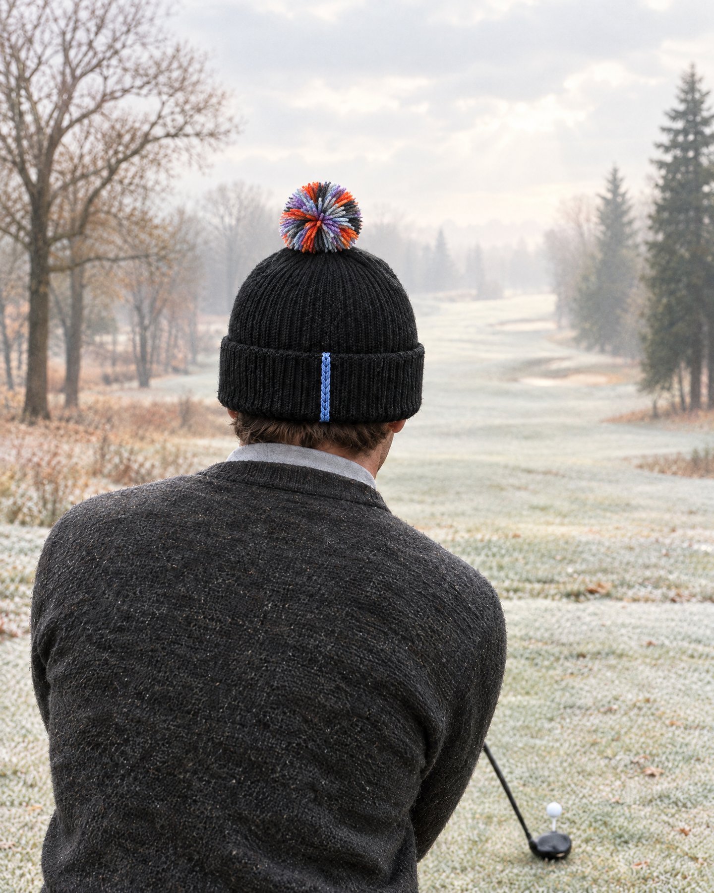 A golfer seen from behind in a Black bobbn beanie, the blue signature stitch at the back of the cuff