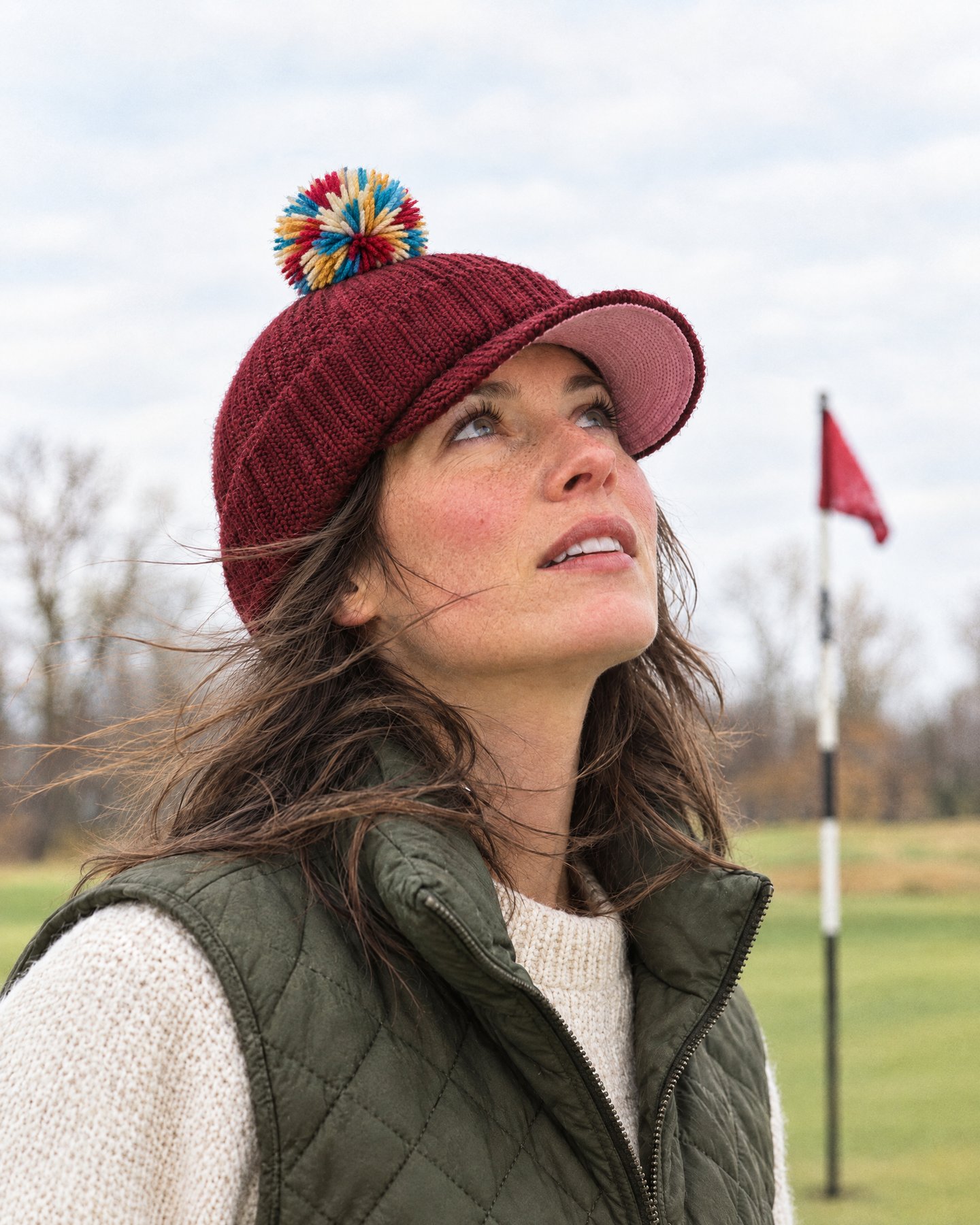 A woman in a Merlot bobbn beanie looks up at the sky, the pink under-brim showing