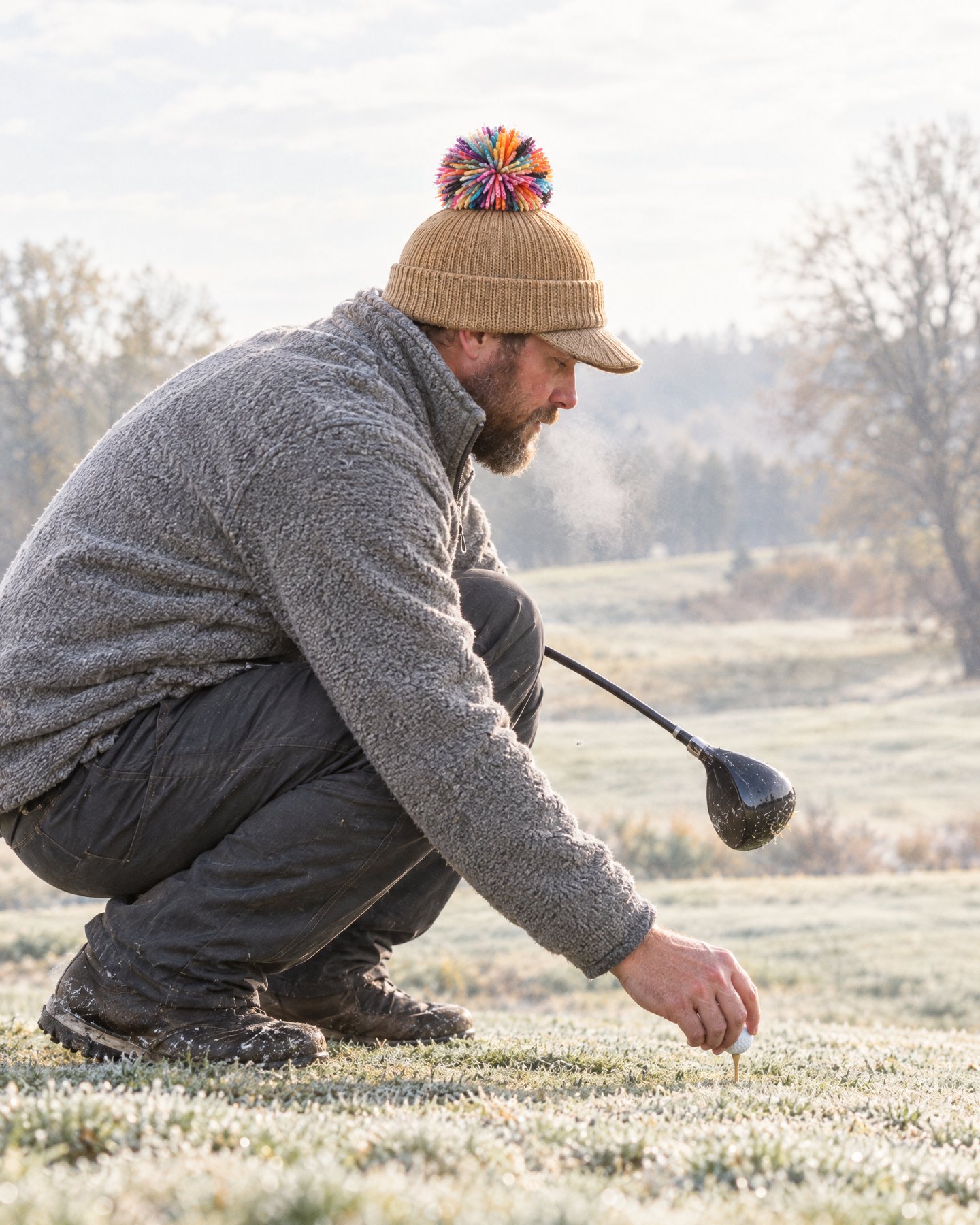 A golfer in a Camel bobbn beanie crouches to tee up on a frosty tee box