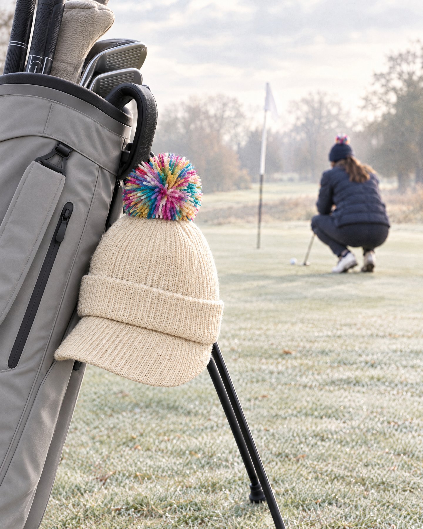 A Cream bobbn beanie hangs on a golf bag while a golfer lines up a putt behind it