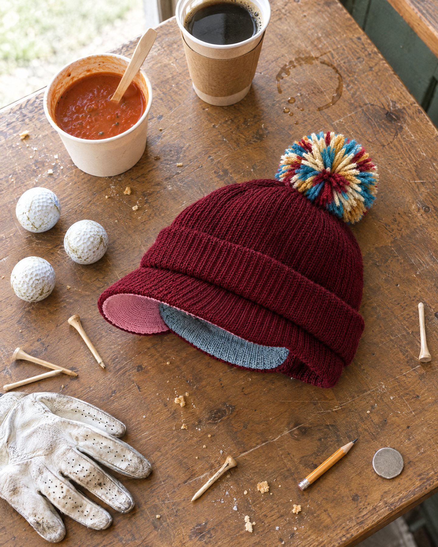 A Merlot bobbn beanie on a wooden table with soup, coffee, golf balls, tees and a glove
