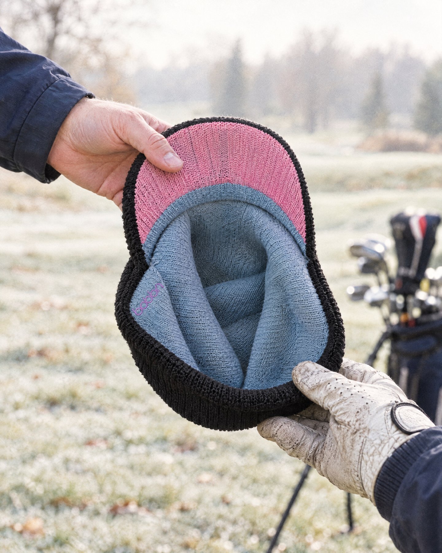Hands hold a Black bobbn beanie upside down, showing the pink under-brim and grey-blue lining