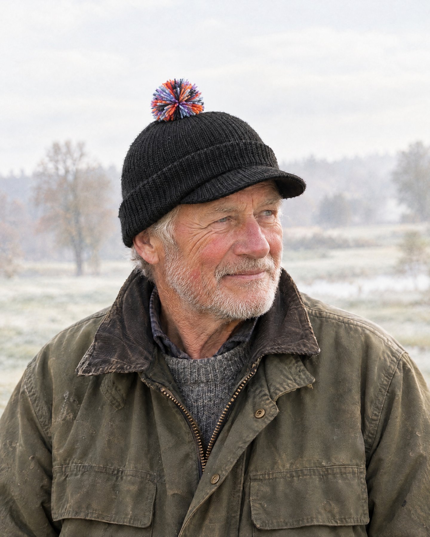 An older golfer in a Black bobbn beanie and waxed jacket on a cold morning