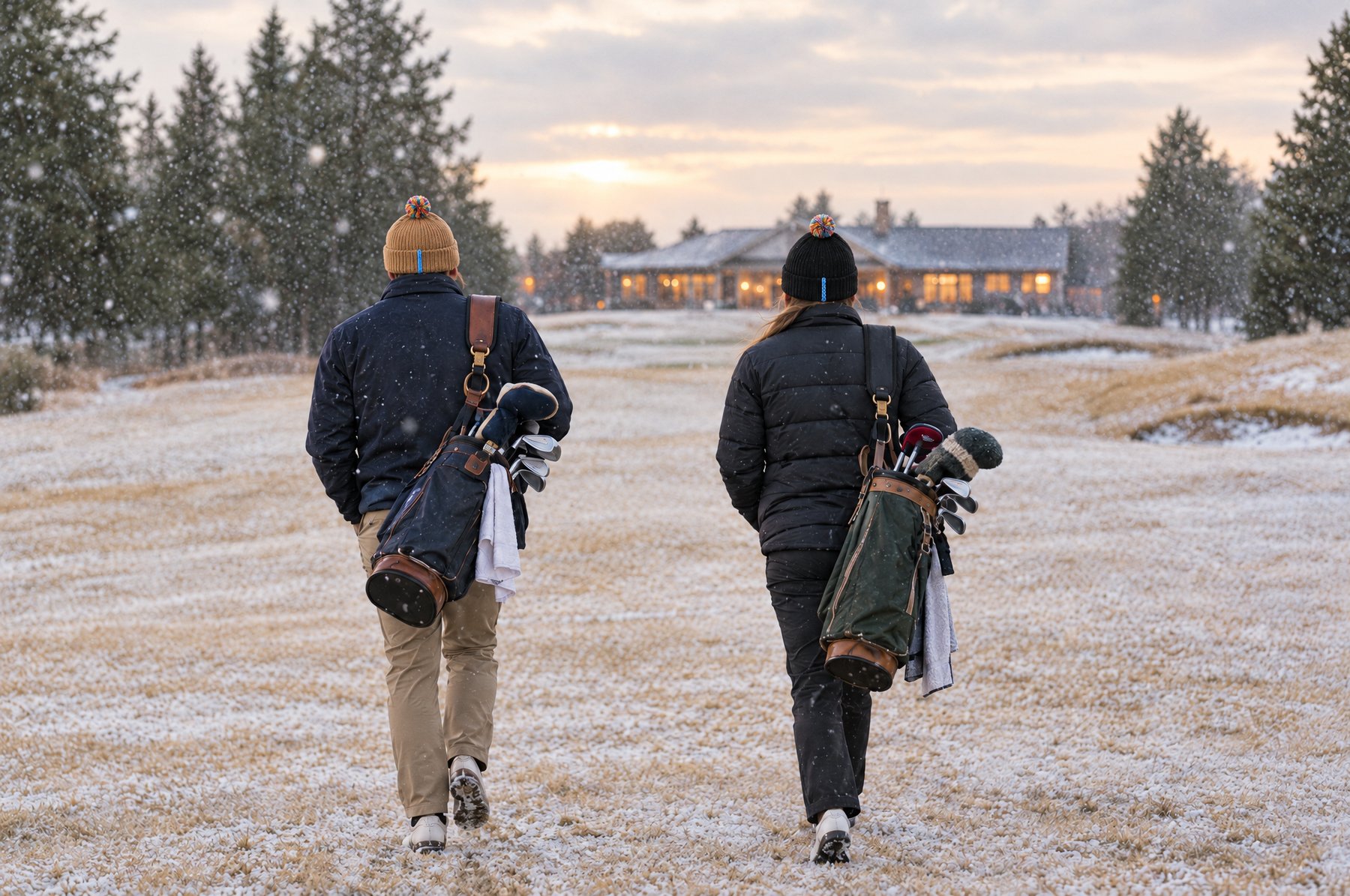 Two golfers carry their bags across a frosty fairway toward the lit clubhouse at dusk