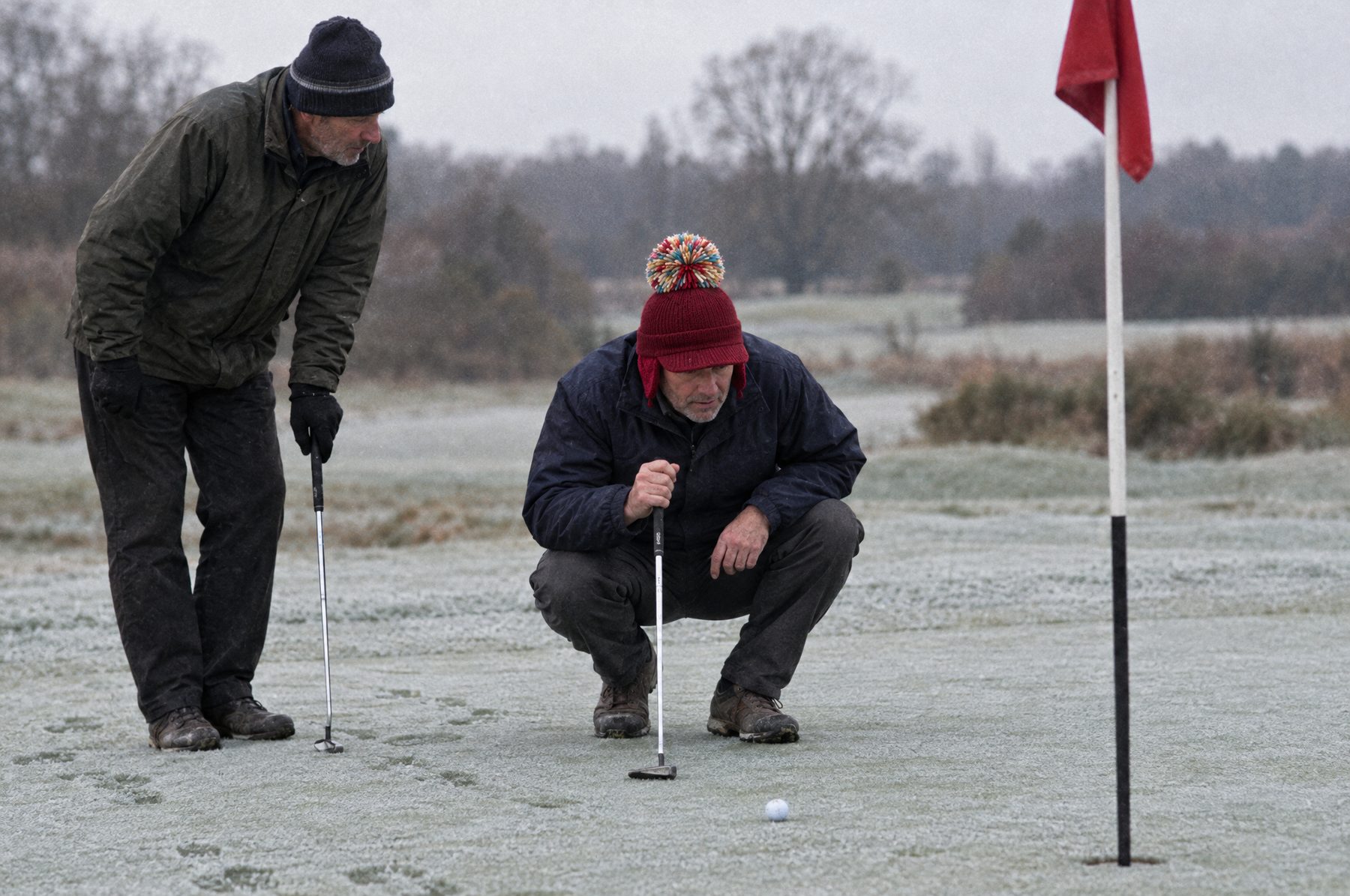 Two golfers read a putt on a frosty green, one crouching in a Merlot bobbn beanie